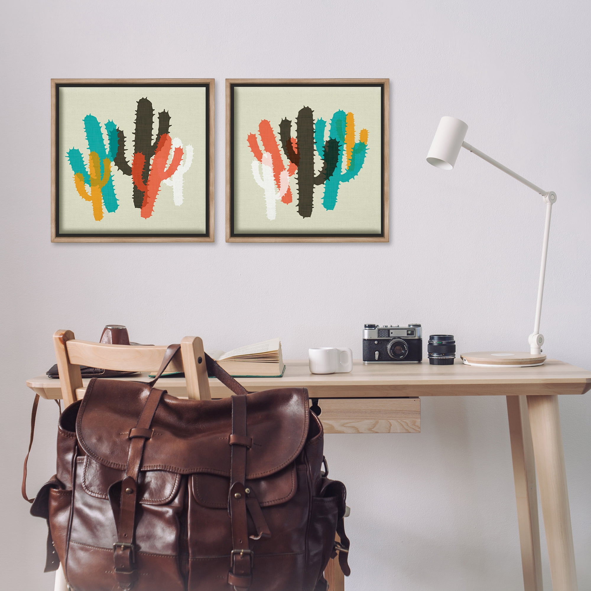 Stupell Industries Vibrant Overlapping Cactus Abstract Painting Brown Floater Framed Canvas Art Print Wall Art, 18 x 18, Set of 2