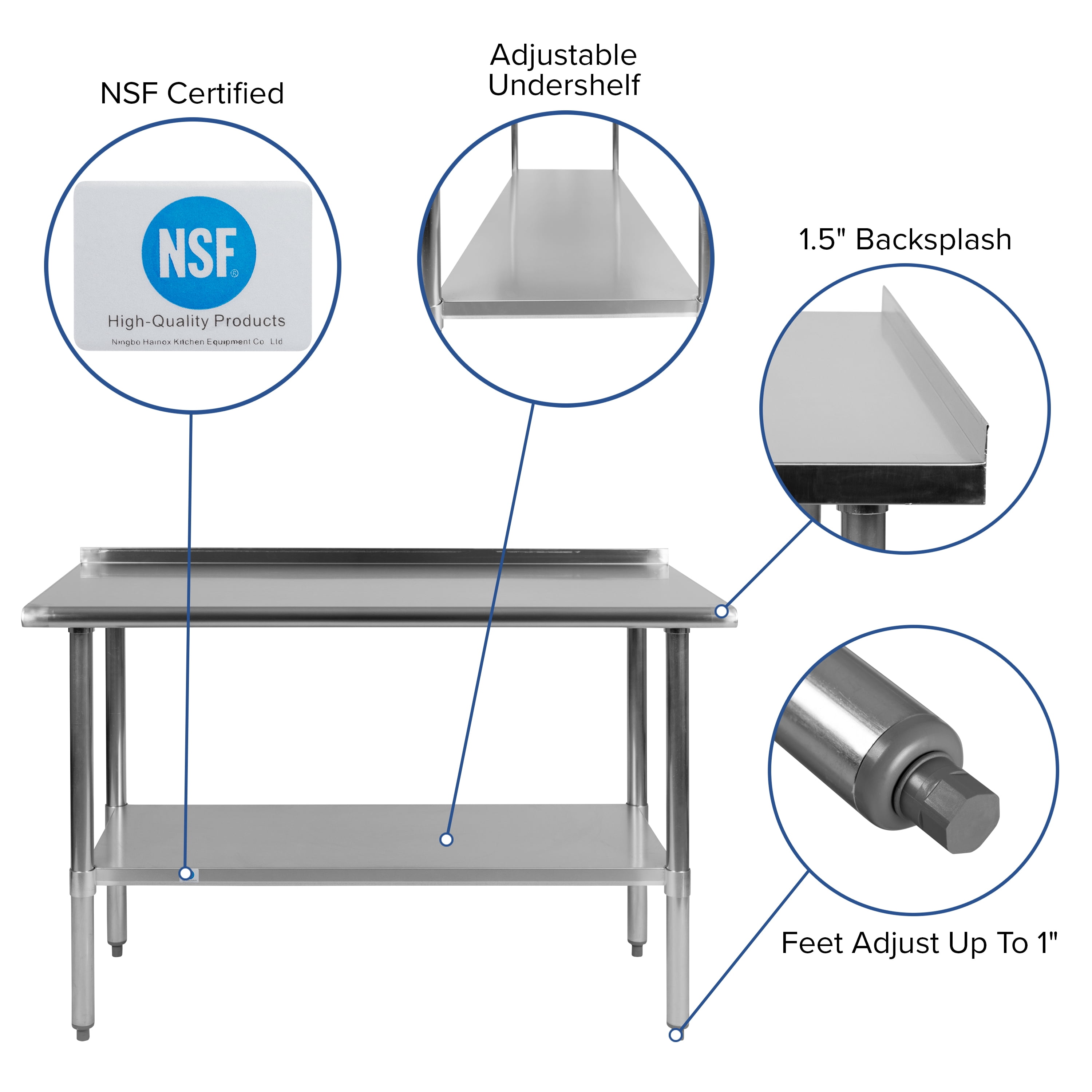 Flash Furniture Rawcliffe Stainless Steel 18 Gauge Prep and Work Table with 1.5" Backsplash and Undershelf - NSF Certified - 48"W x 24"D x 36"H
