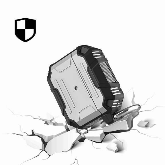 Case for Apple AirPods 2 & 1 Full-Body Rugged ShockProof Hybrid With Metal Hook Carabiner Heavy Duty Armor Protective Cover for Airpods 1/2 - Silver