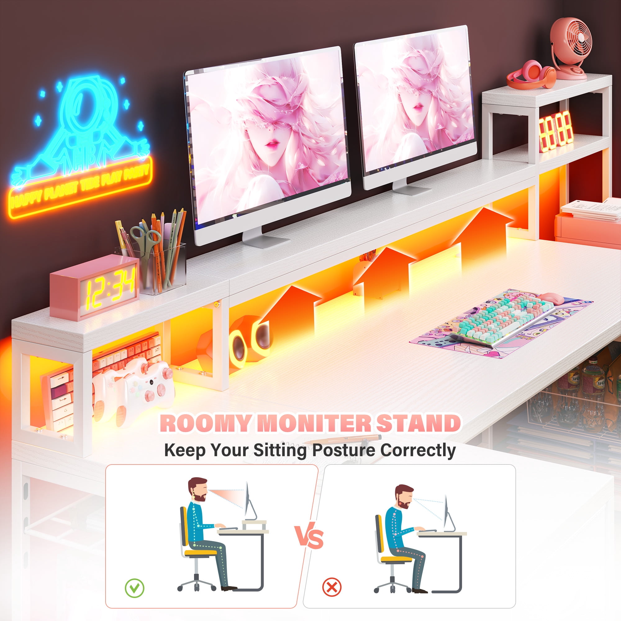 EnHomee 70.9" L Shaped Gaming Desk with Power Outlet & LED Lights, Computer Desk with Storage Shelves and Monitor Stand, White