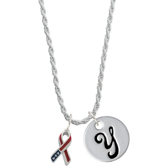 Delight Jewelry Silvertone Patriotic Ribbon Silvertone Script Initial Disc - Y - Charm Necklace, 20" 3"