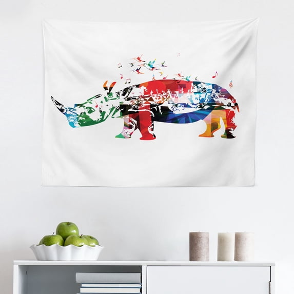 Animal Tapestry, Hand Drawn Sketch of an Animal with Horn Motifs Floral and Geometric, Fabric Wall Hanging Decor for Bedroom Living Room Dorm, 2 Sizes, Charcoal Grey and White, by Ambesonne