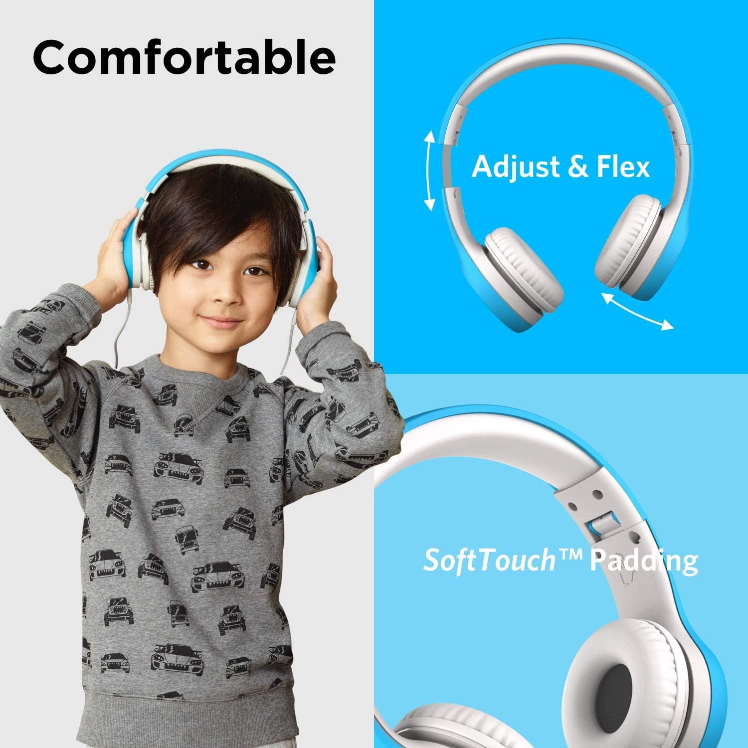 LilGadgets Connect+ Kids Headphones Wired with Microphone, Volume Limiting for Safe Listening, Adjustable Headband, Cushioned Earpads for Comfort, Toddler Headphones, Blue
