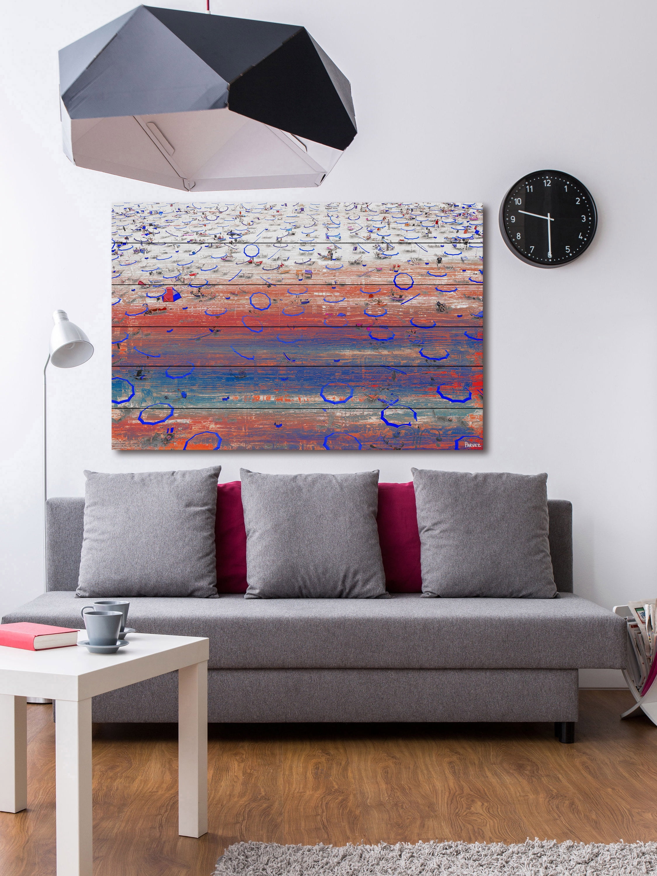 "Blue Umbrella Rings" Painting Print on White Wood