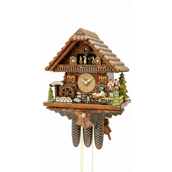 Cuckoo Clock Black Forest house with moving beer drinker and mill wheel