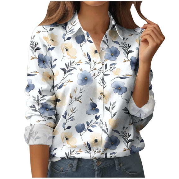 Rutainlusire Dressy Button Up Shirts for Women Long Sleeve Printed Blouses Loose Fitting Fashion Turn-down Collar Tops for Work & Daily Outfits