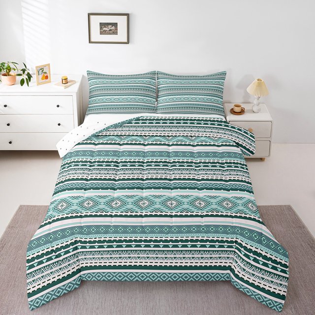 Erosebridal Vintage Aztec Bedding King Comforter Set, Turquoise Triangle Comforter Sets King Size, Tribal Hippie Reversible Down Comforter, Breathable Room Decorative, 3pcs