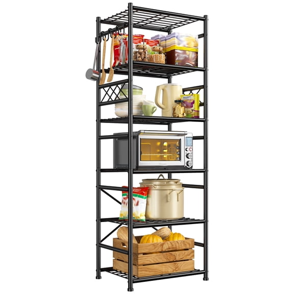 melmine 72" H Tall Garage Storage Shelves, 6-Tier Heavy Duty Steel Shelf Unit with Hooks and Leveling Feet, Black Metal Utility Rack for Garage, Home, or Warehouse