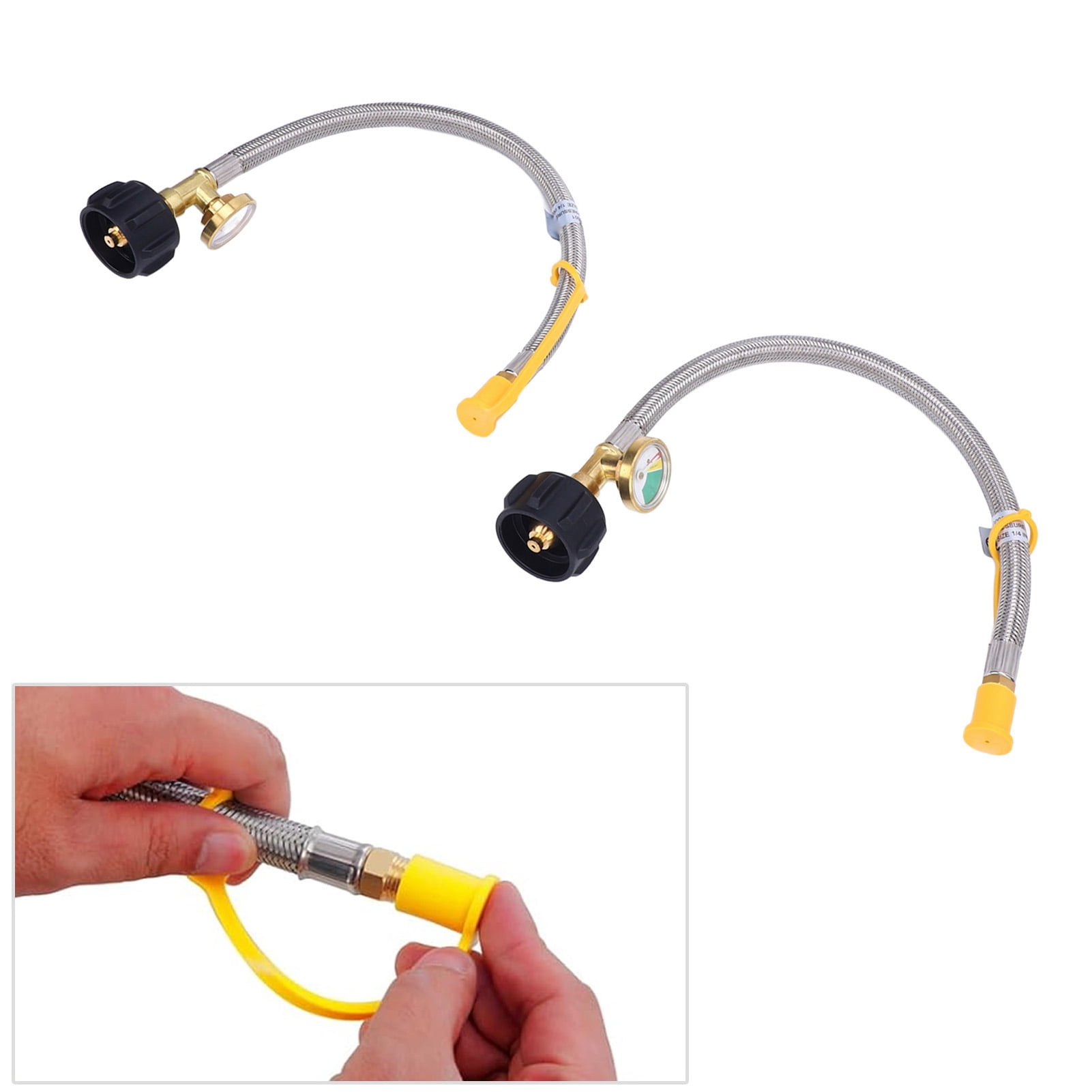 Riousery 2PCS 15 Inch RV Gas Hoses 1/4in NPT Thread 40Lb 250PSI Stainless Steel Pigtail Gas Line with Gauge for Standard Two Stage Regulator Camper Trailer Propane Connector Hose (15 inches / 38 cm)