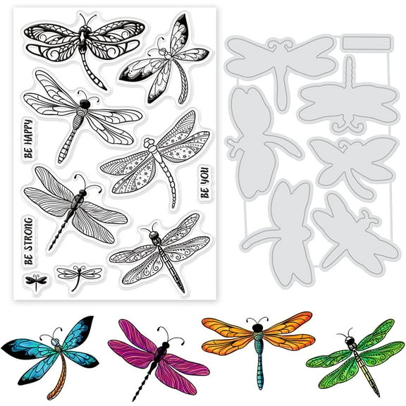1 Set 2PCS Dragonfly Theme Clear Stamps and Die Cuts Insect Silicone Stamps Cards and Metal Cutting Dies for Card Making and DIY Embossing Scrapbooking