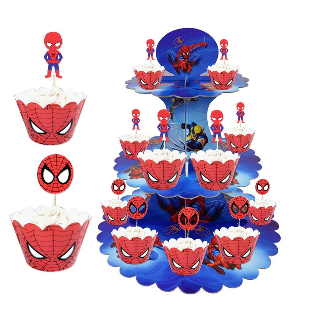 TOXYU 32PCS Spiderman CupCake Wrappers, Spiderman Cupcake Stand, 3 Tier