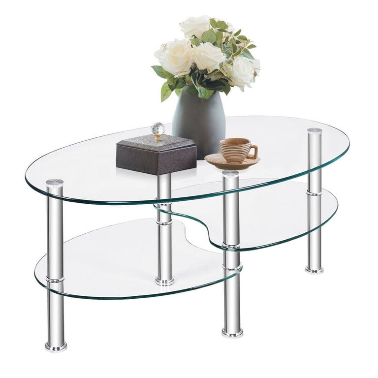 Costway Tempered Glass Oval Coffee Table, Chrome Base photo 7