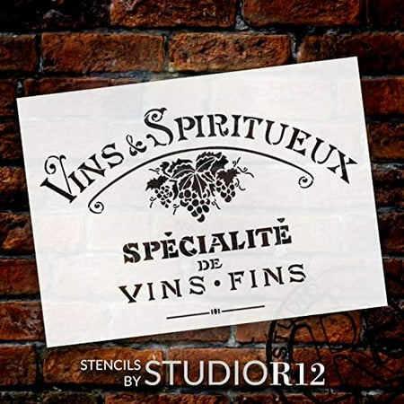 Vintage French Fine Wine Stencil with Grapes by StudioR12 | DIY Old French Ephemera Home Decor & Furniture | Vins Fins Kitchen & Bar Word Art | Paint Wood Signs | Mylar Template | Size (15 x 11 inch)