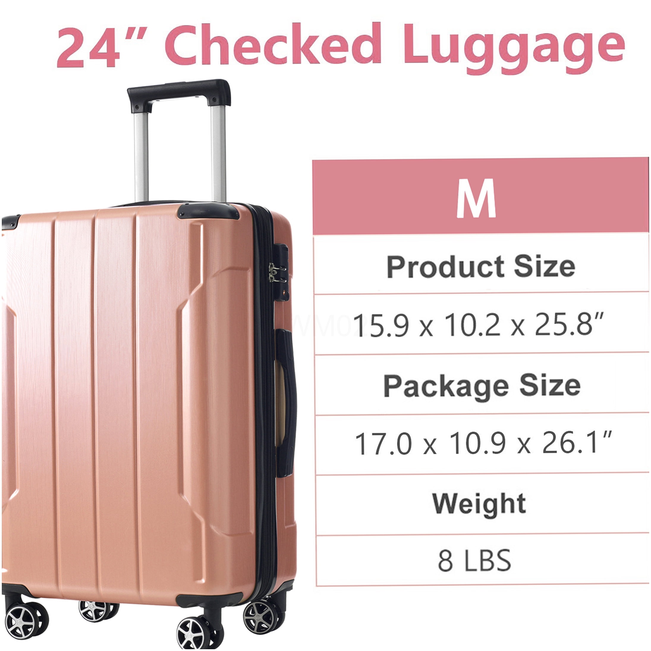 24" Rose Pink ABS Hardshell Suitcase, Expandable Checked Luggage with TSA Lock & 8 Spinner Wheels