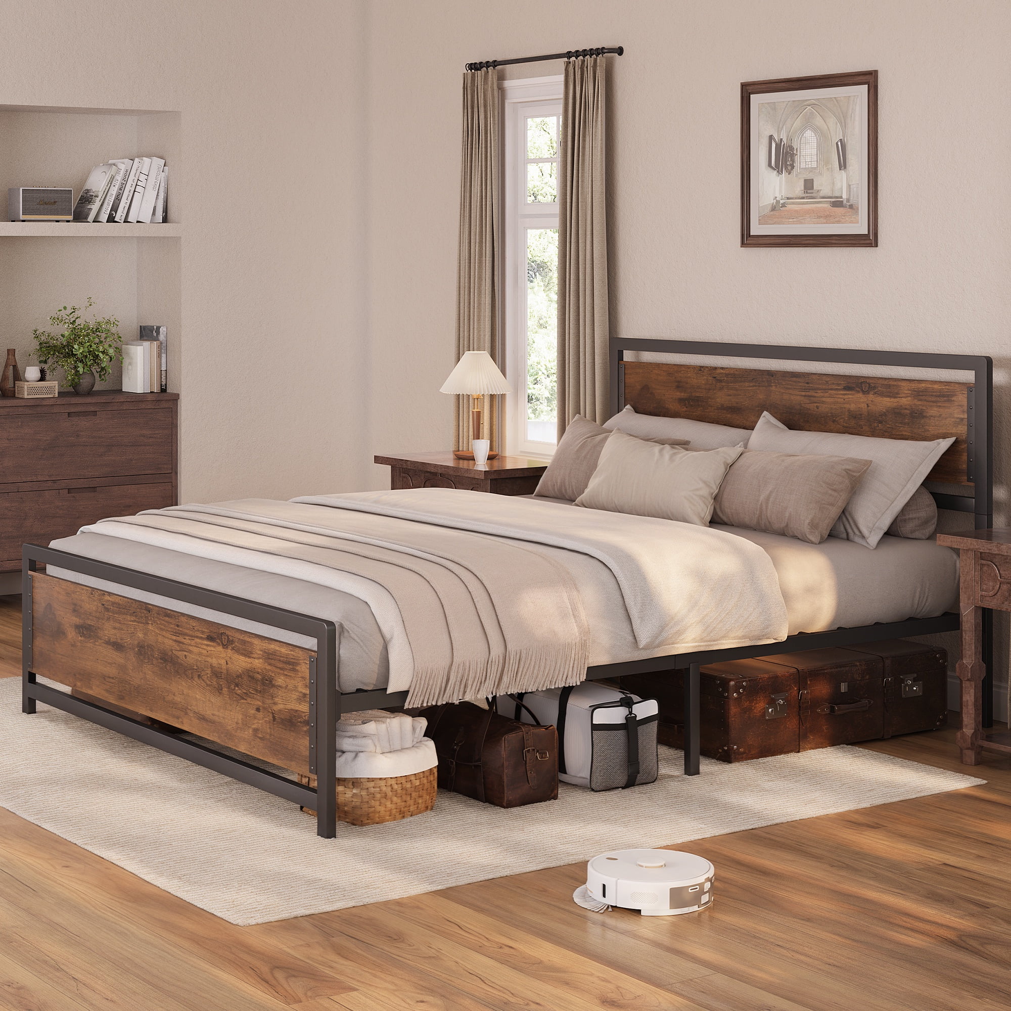 Asofer Full Metal Platform Bed Frame with Wooden Headboard, Large Underbed Storage, Brown