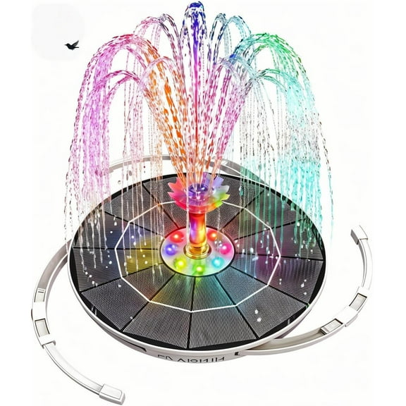 Solar Fountain Pump with Colorful LED Lights & 3000mAh Battery, 6.5W Solar Bird Bath Fountain with Retractable Bracket and 8 Nozzles, Outdoor Water Pump for Bird Bath, Garden, Pond