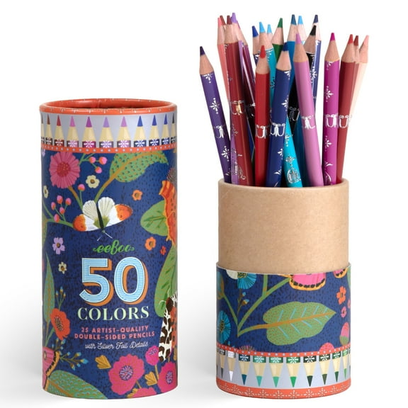 eeBoo Piece & Love: Double-Sided Colored Pencils - Victoria's - 25pc, 50 Color Set, Foil Design, Butterfly-Floral Storage Tube, Artist-Quality, Adults
