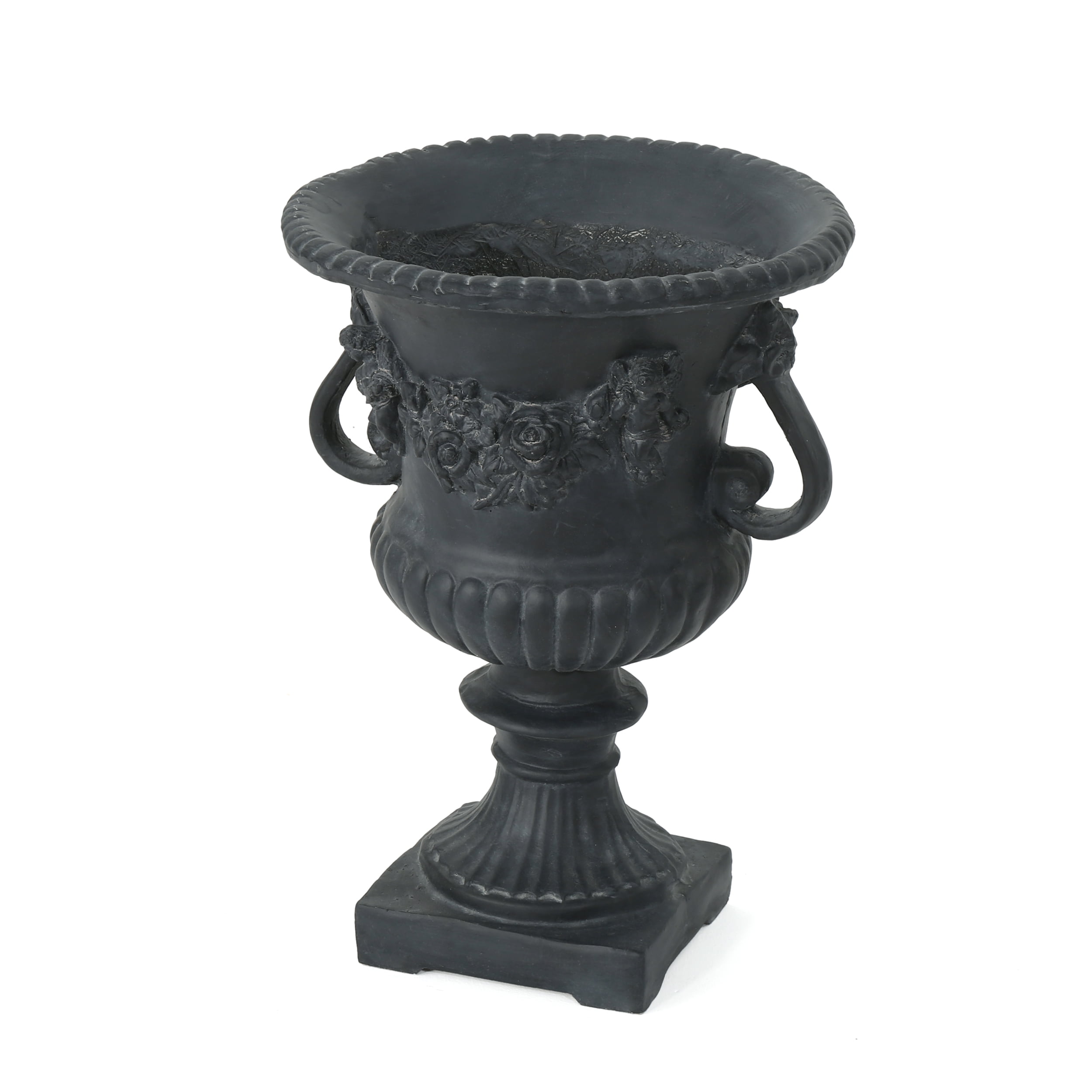 GDF Studio Isia Outdoor Cast Stone Garden Urn Planter, Antique Black