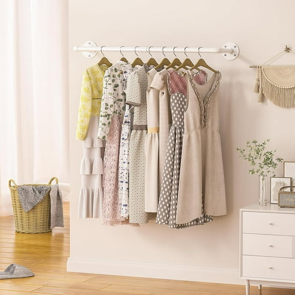 Industrial Pipe Wall Mounted Clothes Rack, 36.2 Inches Heavy Duty Detachable Garment Rack, Multi-purpose Hanging Rod for Closet, Set of 2, White