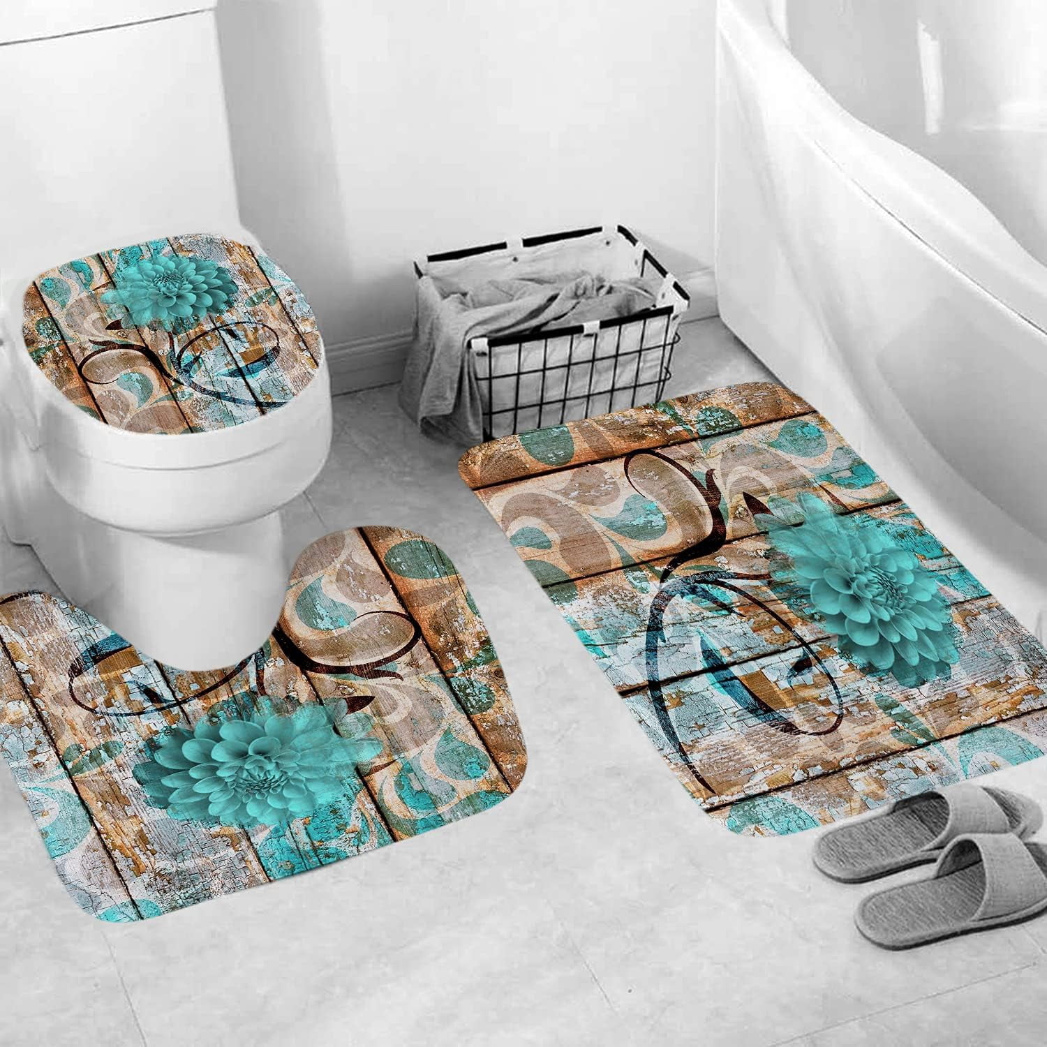4 Pcs Rustic Teal Daisy Floral Shower Curtain Sets with Rugs, Toilet Lid Cover Bath Mat, Farmhouse Floral Flower Bathroom Curtain Set Fabric Turquoise Blue Flower on Grey Wooden Curtains…