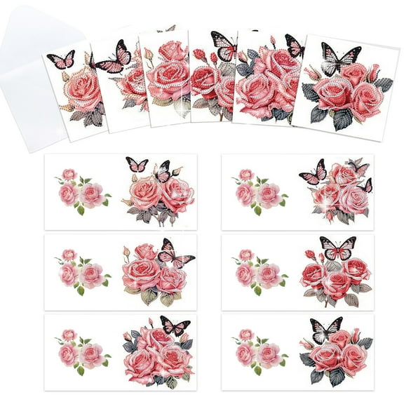 6pcs Diamond Painting Kit Greeting Card, Pink Rose 5D DIY Diamond Handmade Holiday Greeting Card with Envelope, Christmas Gift Congratulation