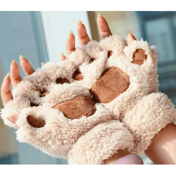 Worgeous 19x16cm Warm Cat Claw Dog Paw Plush Mittens Short Fingerless Gloves Half Finger Gloves with Rope (Beige)