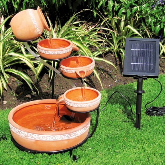 KoolScapes Outdoor Solar-Powered 5-Tier Cascading Water Fountain- Finish, Brown