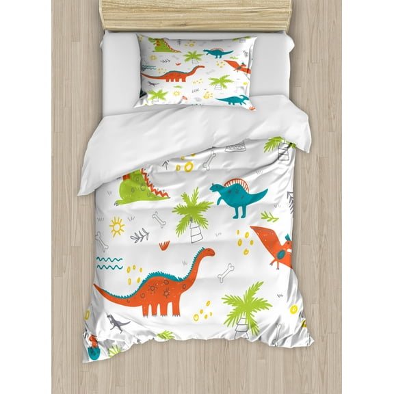 Kids Boys Twin Size Duvet Cover Set, Prehistoric Nature Doodle with Dinosaurs Volcano Palm Trees Hand Drawn Wildlife, Decorative 2 Piece Bedding Set with 1 Pillow Sham, Multicolor, by Ambesonne