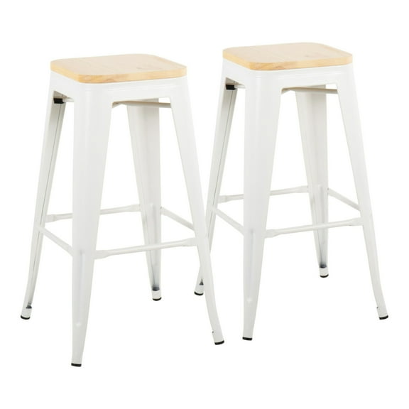 Oregon Contemporary Barstool In White Steel And Natural Wood - Set Of 2