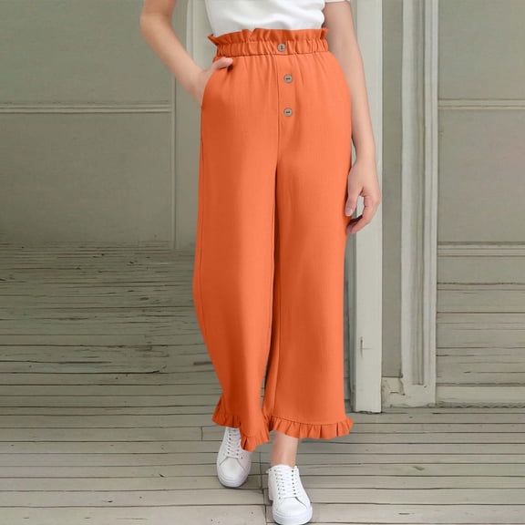CQONEPT Cotton Linen Pants for Kids Girls Button Wide Leg Ruffle Pants Trendy Casual Baggy Streetwear Pant with Pockets Orange 14 Years