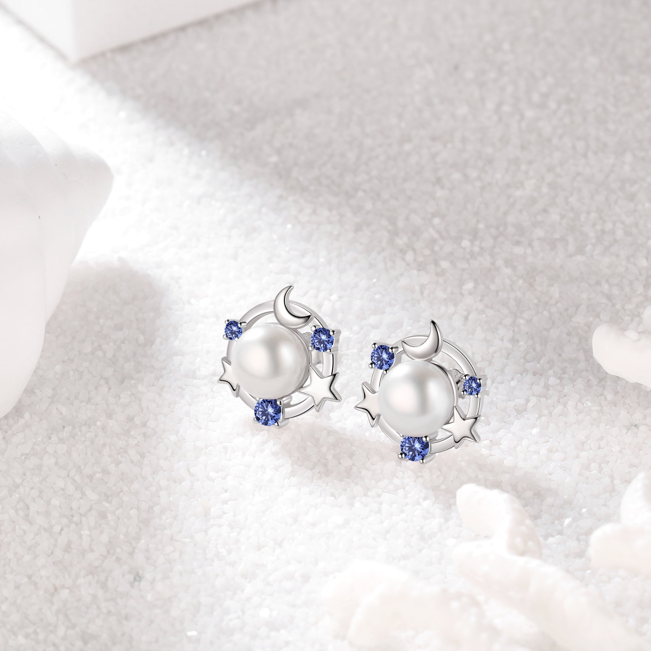 Beautlace 925 Sterling Silver Moon Star Stud Earrings, Natural Pearl Birthstone Earrings Jewelry,Birthday Christmas Anniversary Gift for Women/Mom/Wife