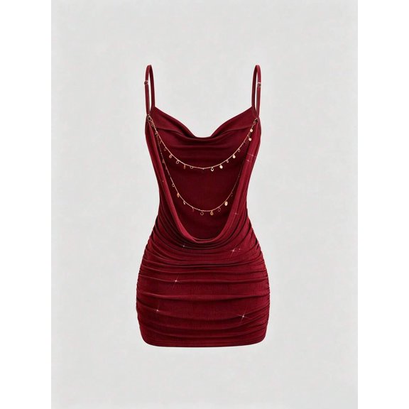 Burgundy Womens Backless Ruched Bodycon Mini Dress With Goldtone Ornamental Chain Plunging Neckline Spaghetti Strap