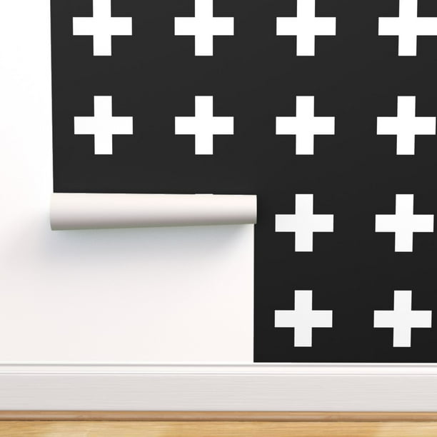 Peel & Stick Wallpaper 12ft x 2ft - White Black Plus Sign Cross Hipster