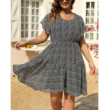 

cllios Womens Summer Dress 2023 Print Sundress Short Sleeve A Line Dress Crew Neck Elegant Dress for Beach Vacation