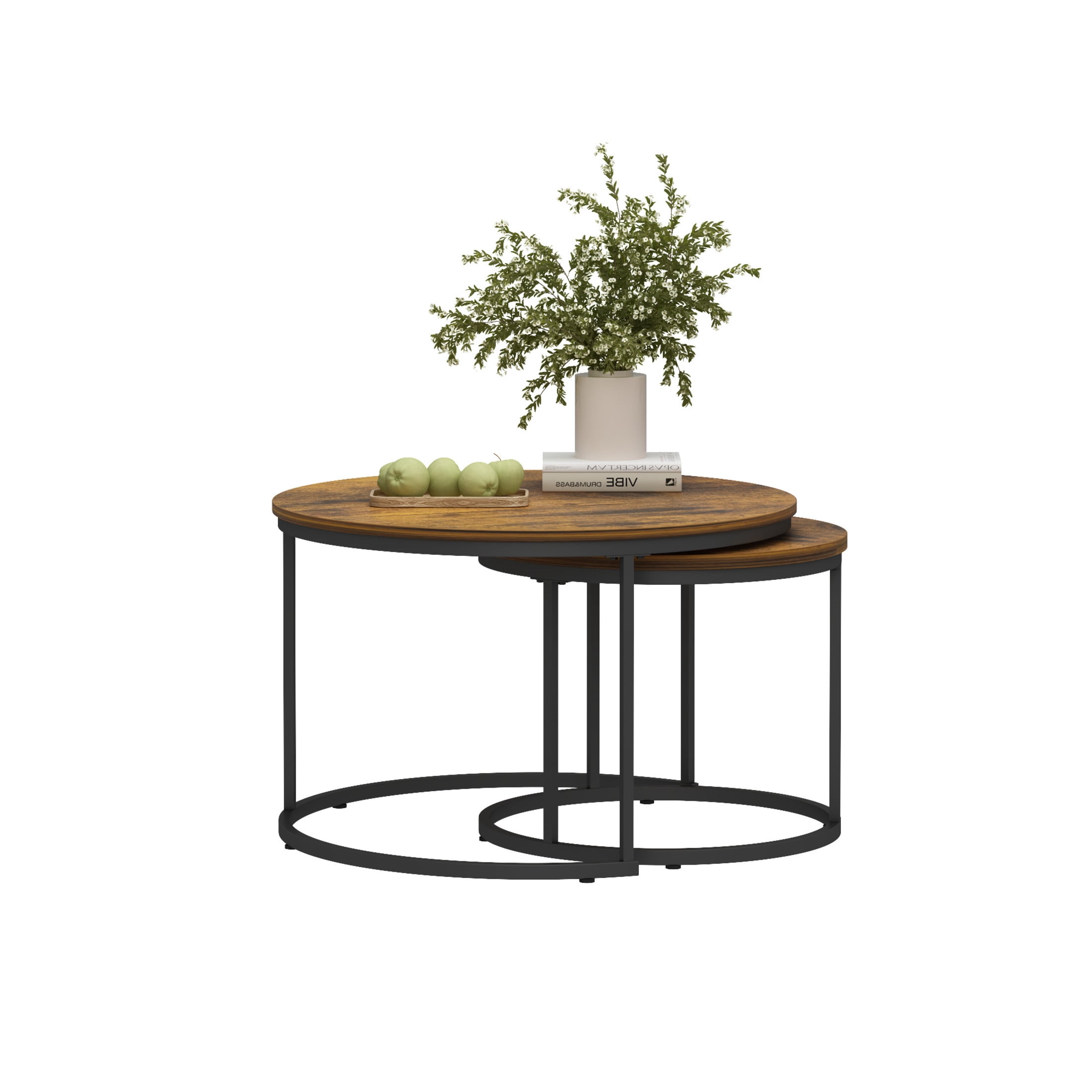 Noble House Lazura 27.6" Grain Look Nesting Coffee Table Set, Round MDF Top with Metal Base, Rustic Brown, Set of 2