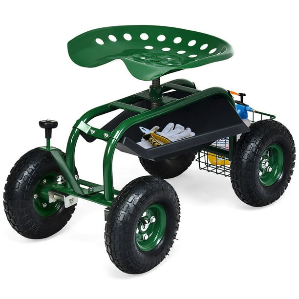 Costway Garden Cart Rolling Work Seat w Tool Tray Basket Green