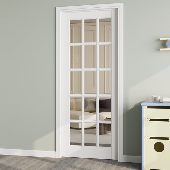30" x 80" 15-Lite Clear Glass Interior Door Slab, Solid Core Door Panel as Barn Door, Pocket Door, French Door, Prehung Door - as Panty Door, Closet Door, Pre-finished & Paintable, White