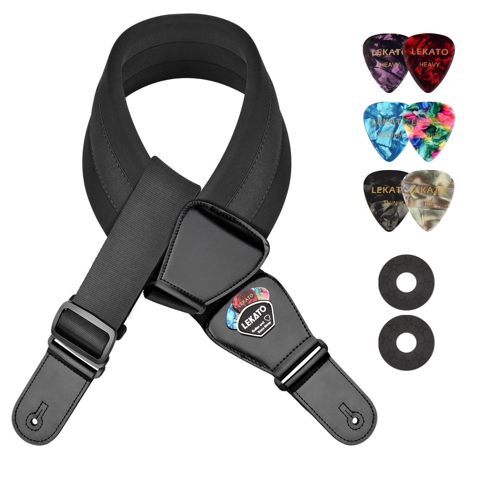 LEKATO Bass Guitar Straps for Electric Guitar & Bass 3" Wide Padded Straps Adjustable Length from 45" to 55" Bass Guitar Strap with Pick Holder 2 Safety Strap Locks & 6 Picks