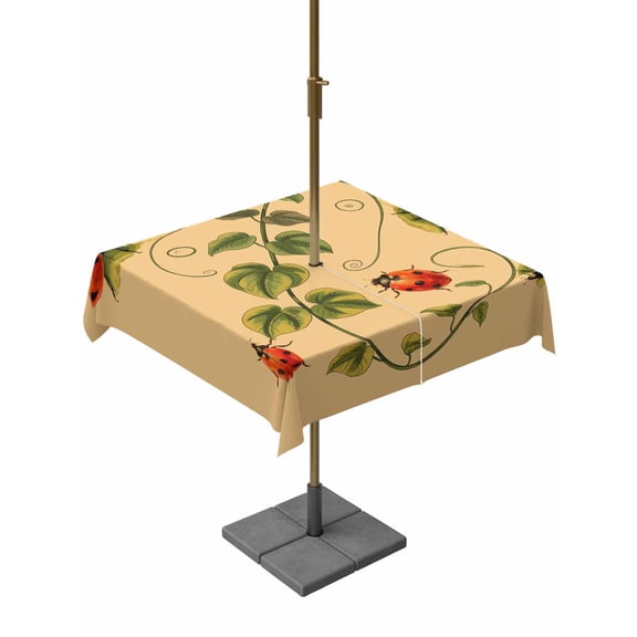 Outdoor Tablecloth with Umbrella Hole for Patio/Picnic/Party/Camping, Ladybugs Eucalyptus Waterproof Table Cloth Square Cover Washable, Spring Botanical Leaves Yellow (54"x 54")