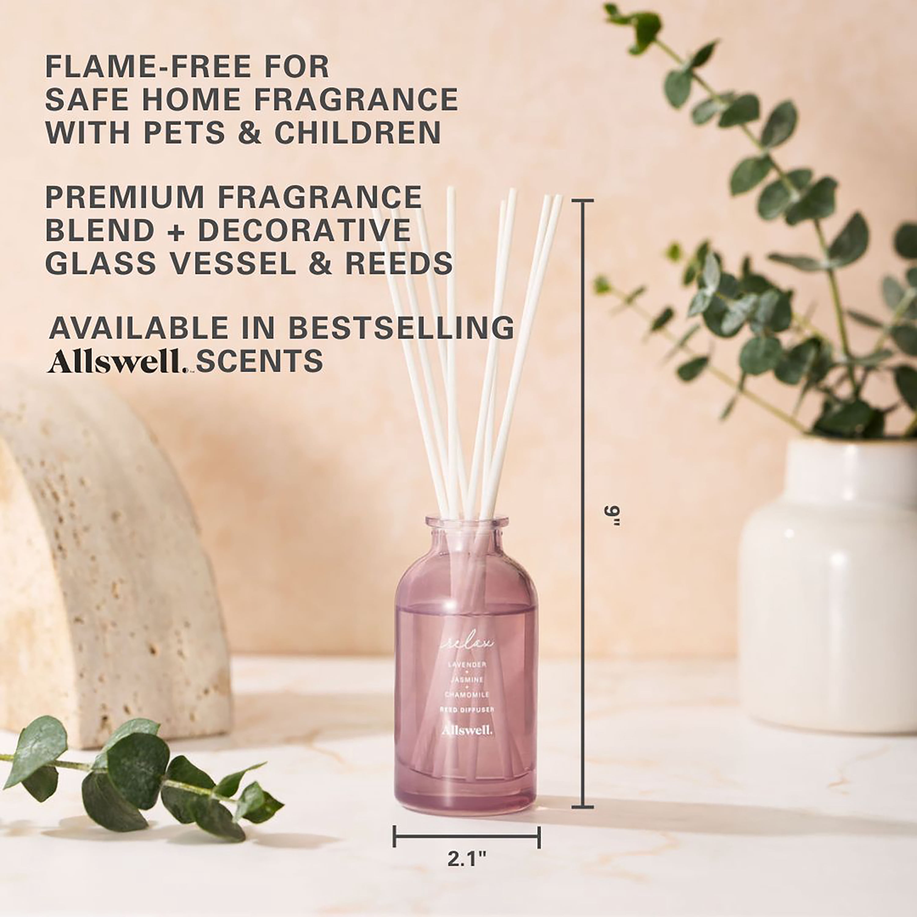 Allswell Relax (Lavender + Jasmine + Chamomile) Scented Reed Diffuser 3 fl oz (90mL) With 8 Synthetic Reeds.
