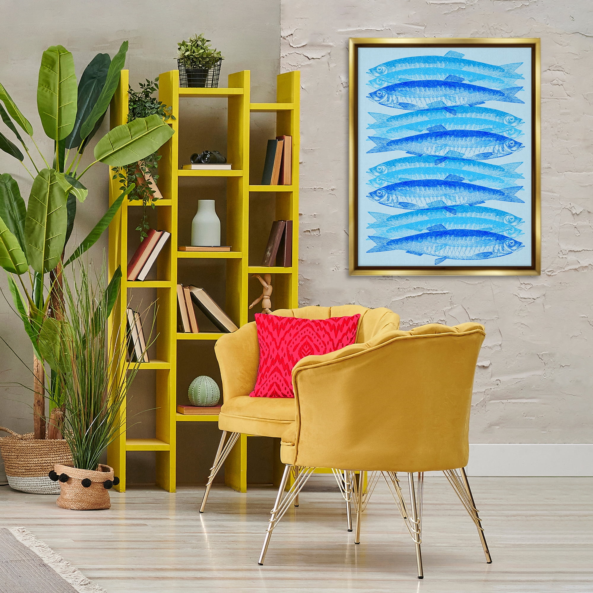 Stupell Industries Blue Layered Fish Animals & Insects Painting Gold Floater Framed Canvas Art Print Wall Art, 25 x 31