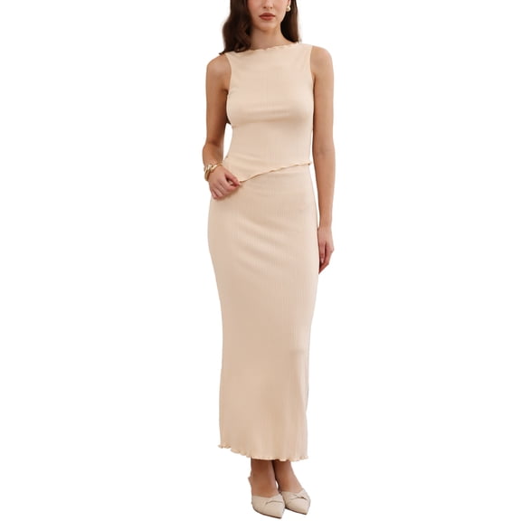 INSPIRE CHIC Two Piece Skirt Set for Women's Summer Lightweight Sleeveless Irregular Hem Split Top Maxi Skirt Set S Light Khaki