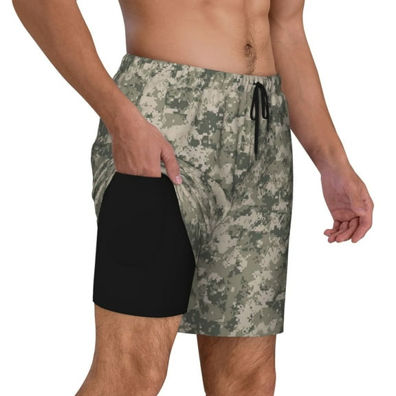 Men's 2 in 1 Swim Trunks with Compression Liner Army Pixel Camouflage Quick Dry Beach Shorts