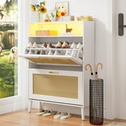 UHOMEPRO Shoe Cabinet with Rattan Flip Drawers, Shoe Organizer with LED Strip for 20 Shoes, Freestanding Tipping Bucket Shoe Storage Cabinet for Entryway, White