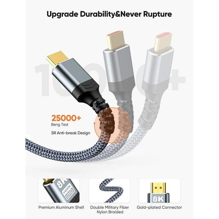Ultra-high Speed 8K 60Hz HDMI Cable 3.3FT/1M, Highwings 48Gbps HDMI Braided  Cable-4K@120Hz 7680P, DTS:X, HDCP 2.2 & 2.3, HDR 10, EARC 