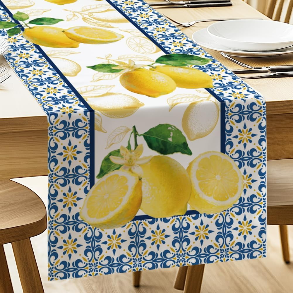 Summer Spring Yellow Lemon Linen Table Runner for Kitchen Dining