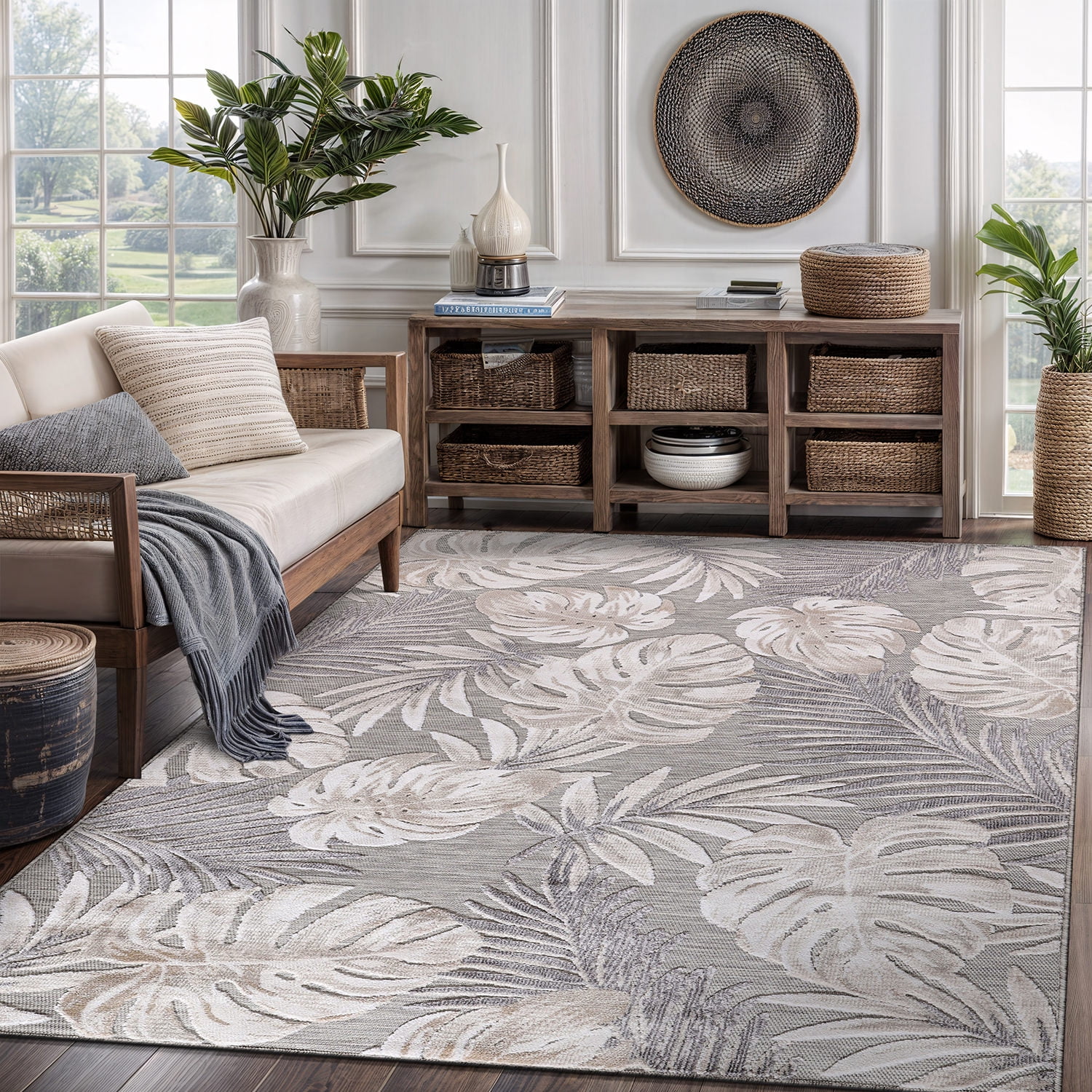 CAMILSON Spring Leaf Tropical Botanical Easy-Cleaning Non-Shedding Washable Outdoor Indoor Area Rug Beige 8x10