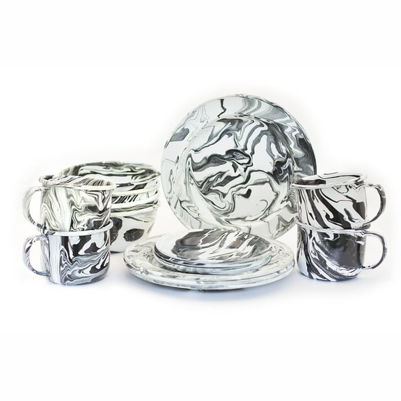 Hand-Painted Enamelware Set of 16 Pieces - Black Marbeled Design - Artesano Home Decor