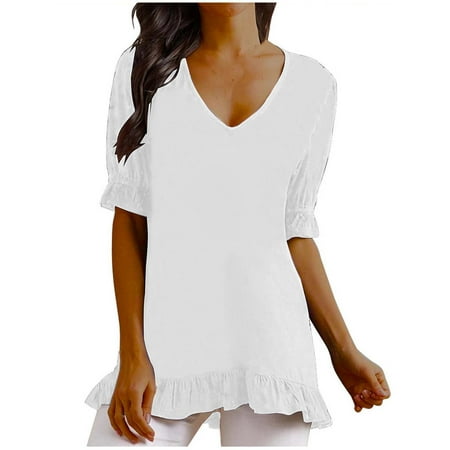 

Mrat Fall Tops Short Sleeve V-Neck Blouses & Shirts Ladies Fashion Round Neck Solid Color Cotton Linen Top Blouse Scrub Tops Female