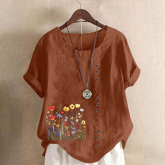 HOMBOM Womens Plus Size Shirts Cotton Linen Button Summer Short Sleeve Casual Brown Floral T Shirts for Women Crewneck